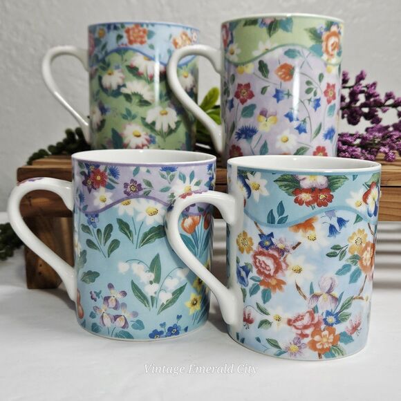 Vtg Chintz Charming Andrea Sadek Julia Bullmore Mug Set Of 4 Cups Japan Floral - Picture 3 of 11